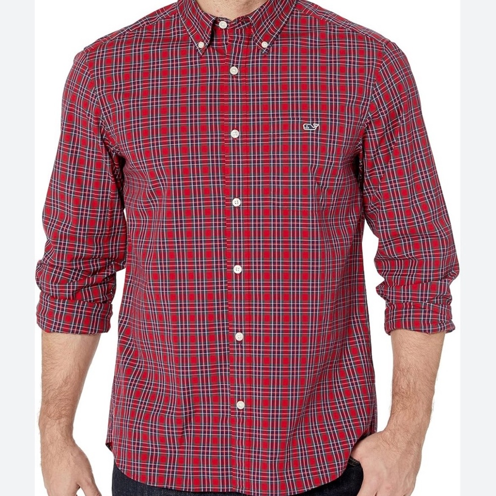 Vineyard Vines Red Plaid Button-Down Whale Shirt with Navy and White Accents